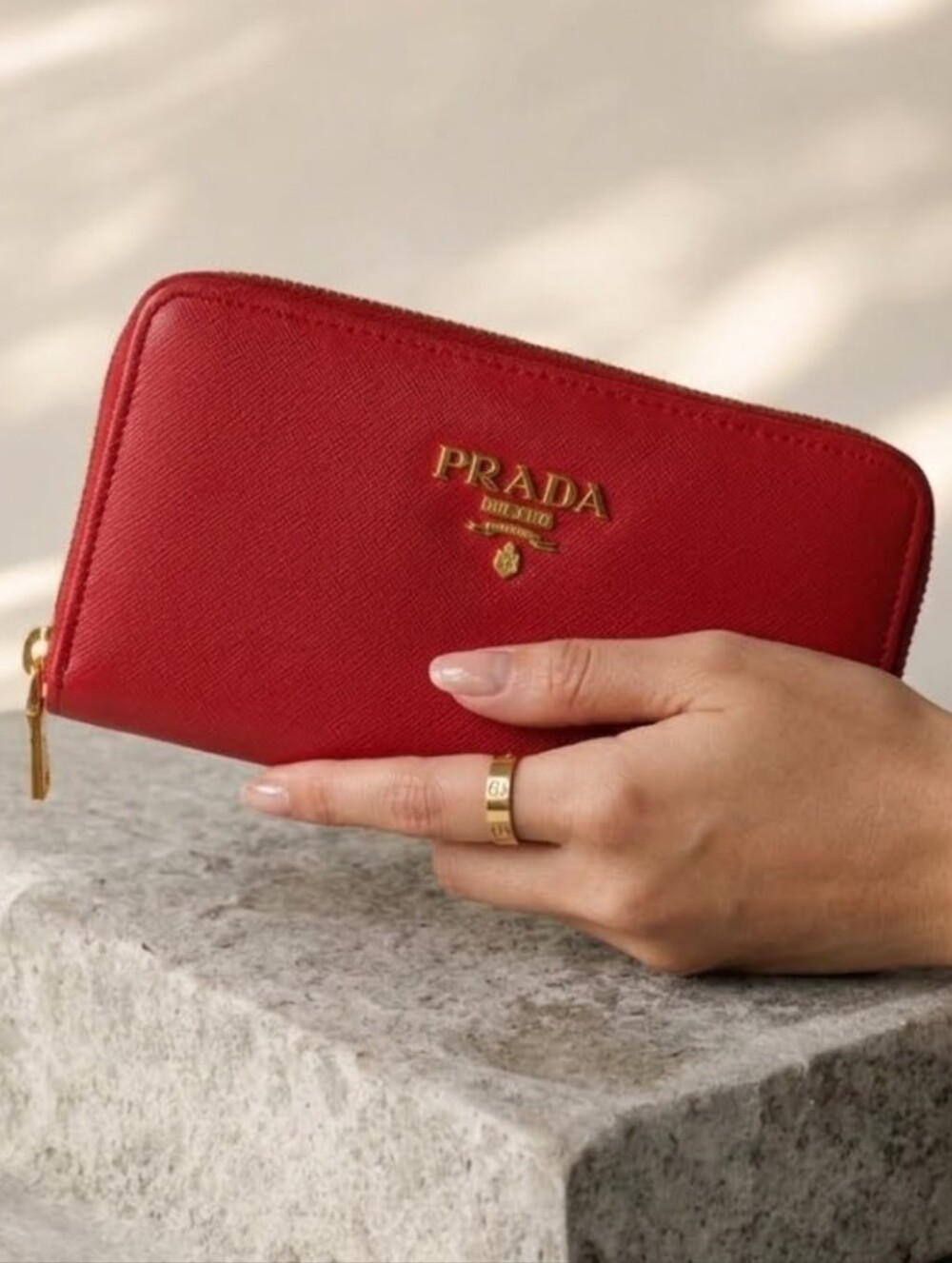 Designer Style "Prada Red Saffiano" Zip-Around Wallet with Gold Logo